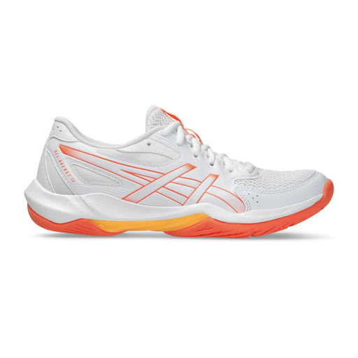 White sports shoe with orange accents (vivid coral) on a white background asics rocket 12 lateral side