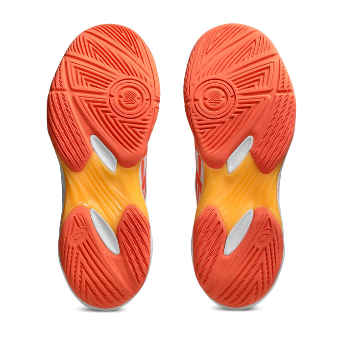 White indoor court sports shoe with orange accents (vivid coral) on a white background asics rocket 12 soles