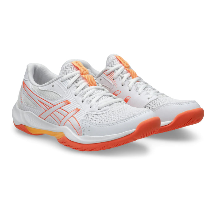White sports shoe with orange accents (vivid coral) on a white background asics rocket 12 front view