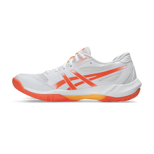 White sports shoe with orange accents (vivid coral) on a white background asics rocket 12