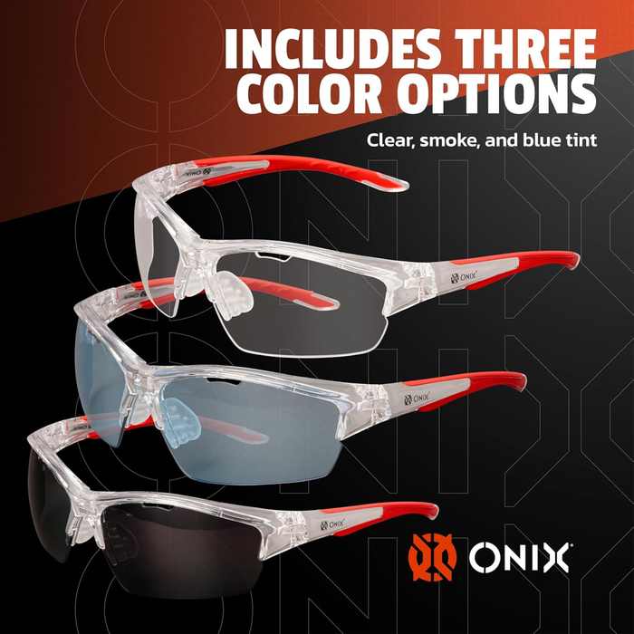 Three pairs of sunglasses lense options with clear frames / red arms on a black background, featuring text about color options and the ONIX brand.