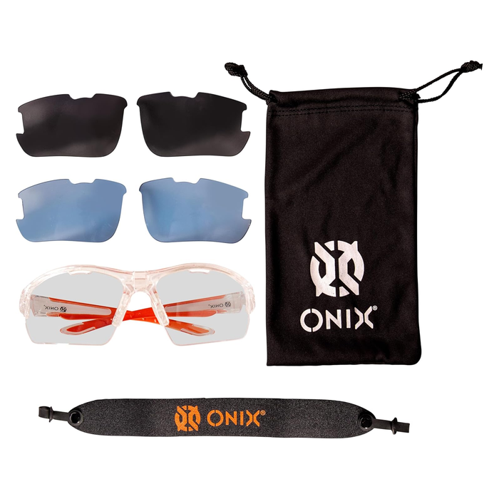 Onix eyewear kit with sunglasses, lens covers, and carrying case on a white background