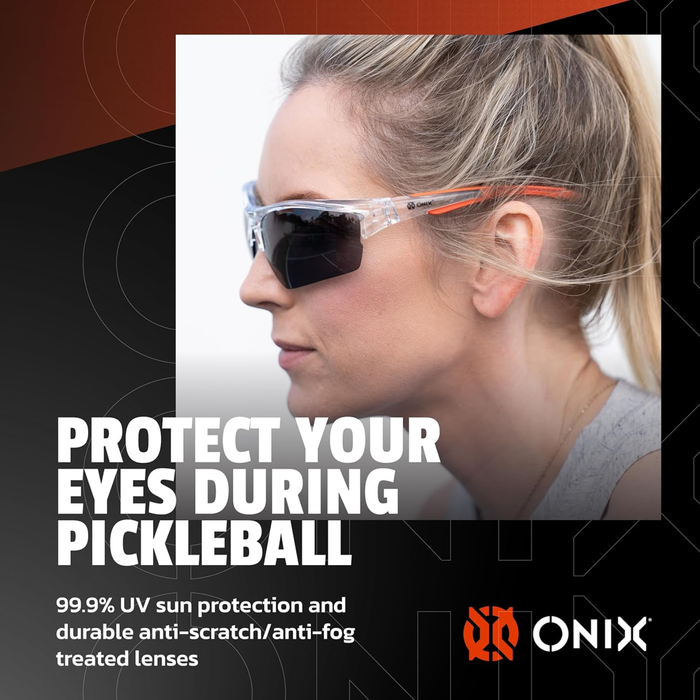 Women wearing Onix owl model glasses with text promoting UV protection during pickleball, featuring the ONIX brand.