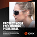 Women wearing Onix owl model glasses with text promoting UV protection during pickleball, featuring the ONIX brand.