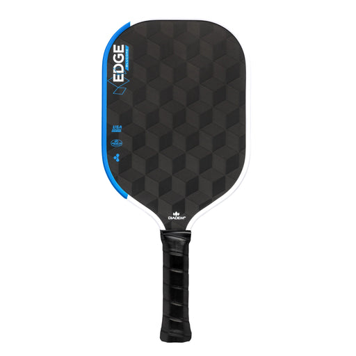 Black and blue pickleball paddle with 'Edge' branding on a white background made by Diadem with blue foam core