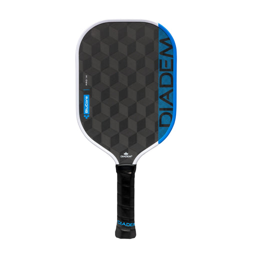 Black and blue pickleball paddle with 'Edge' branding on a white background made by Diadem with blue foam core