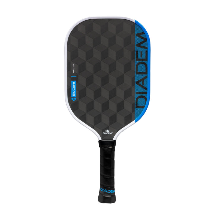 Black and blue pickleball paddle with 'Edge' branding on a white background made by Diadem with blue foam core