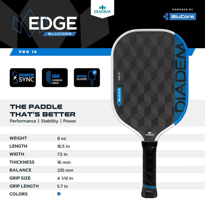 Black and blue pickleball paddle with 'Edge' branding on a white background made by Diadem with blue foam core