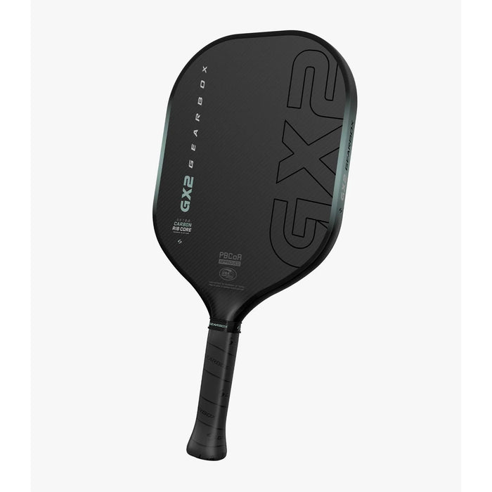 Black and green pickleball paddle with 'Gearbox' branding on a white  background gx2 hyper 