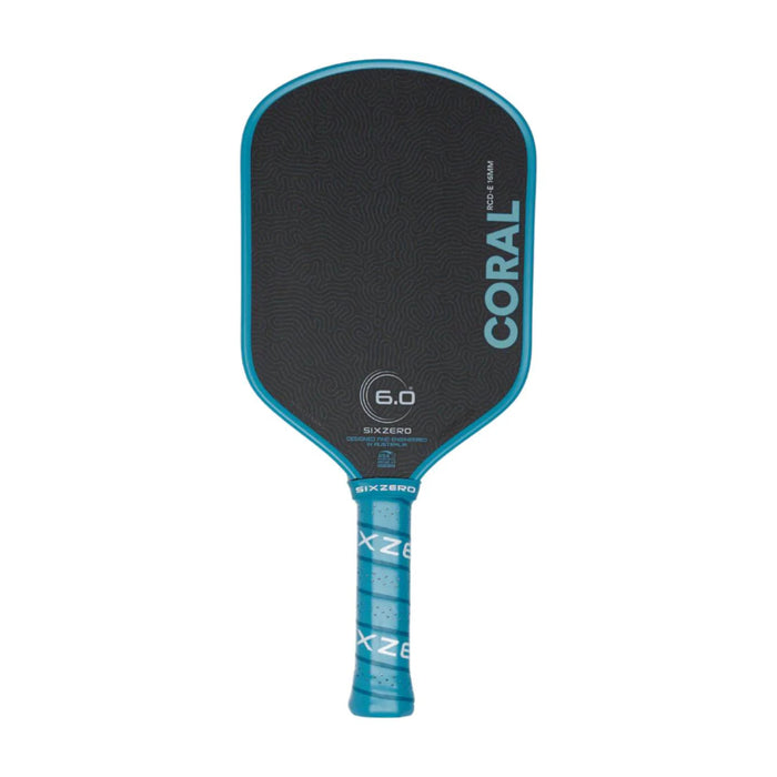 Black and blue pickleball paddle with 'Coral' branding on a white background. Made by Six Zero pickleball