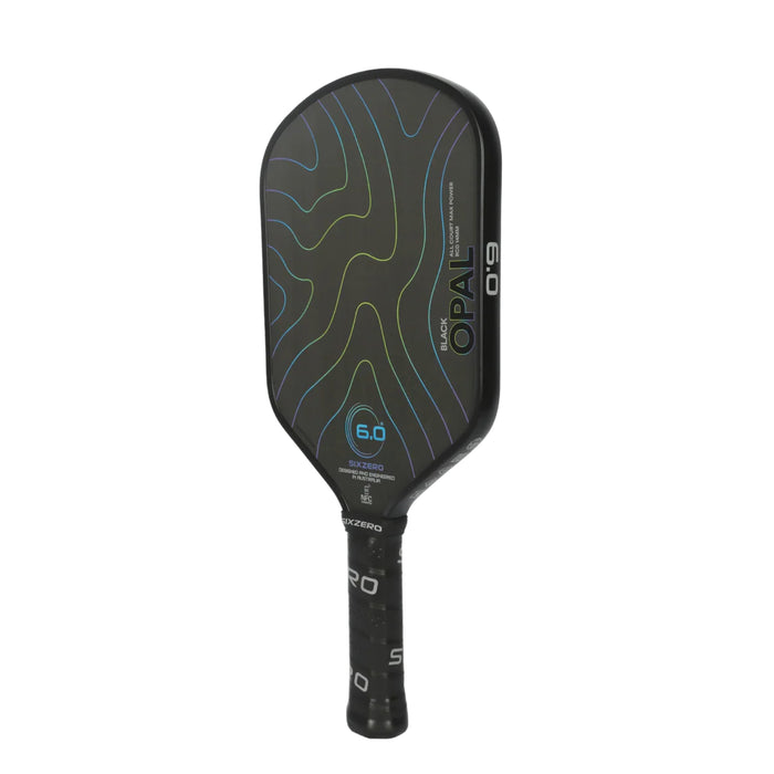 Black pickleball paddle with blue design on a white background six zero branding opal model side view