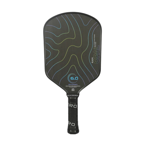 Black pickleball paddle with blue design on a white background six zero branding opal model