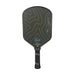 Black pickleball paddle with blue design on a white background six zero branding opal model