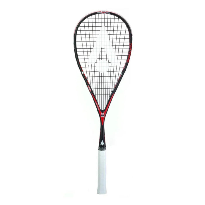 Squash racket with black and red design on a white background made by Karakal and is model SN 90 2.1