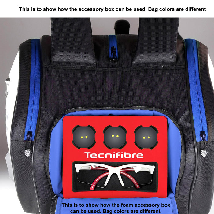 Tecnifibre Air Endurance 12r racquet bag. Accessory foam box storage for squash balls and glasses.