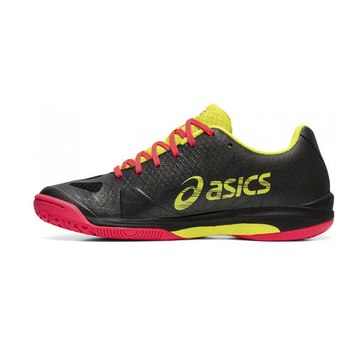 Asics Fastball 3 for women - indoor court for pickleball, squash, and badminton. Black, yellow, and pink colorway.