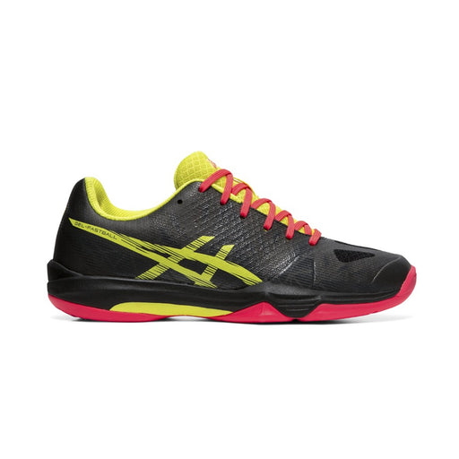 Asics Fastball 3 for women - indoor court for pickleball, squash, and badminton. Black, yellow, and pink colorway.