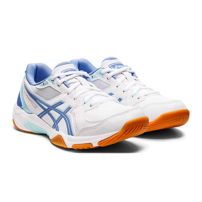 asics gel rocket 10 women's indoor court shoe color  White/Periwinkle Blue squash badminton pickleball front view