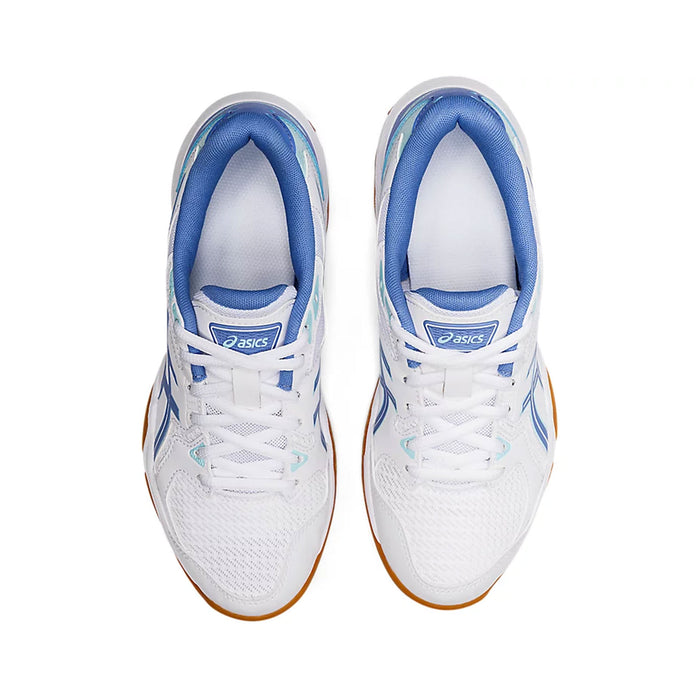 asics gel rocket 10 women's indoor court shoe color  White/Periwinkle Blue squash badminton pickleball top view