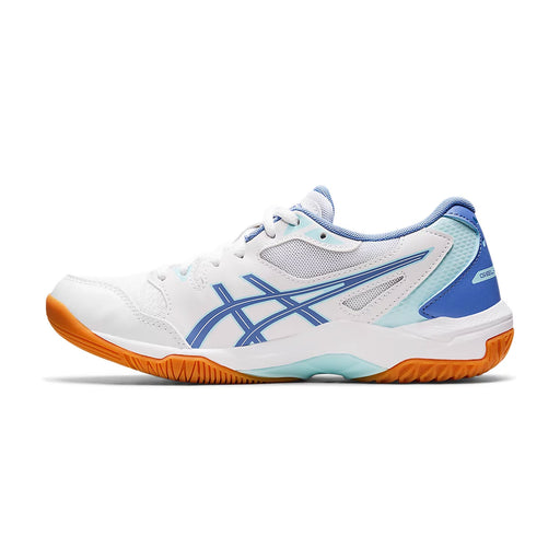 asics gel rocket 10 women's indoor court shoe color  White/Periwinkle Blue squash badminton pickleball