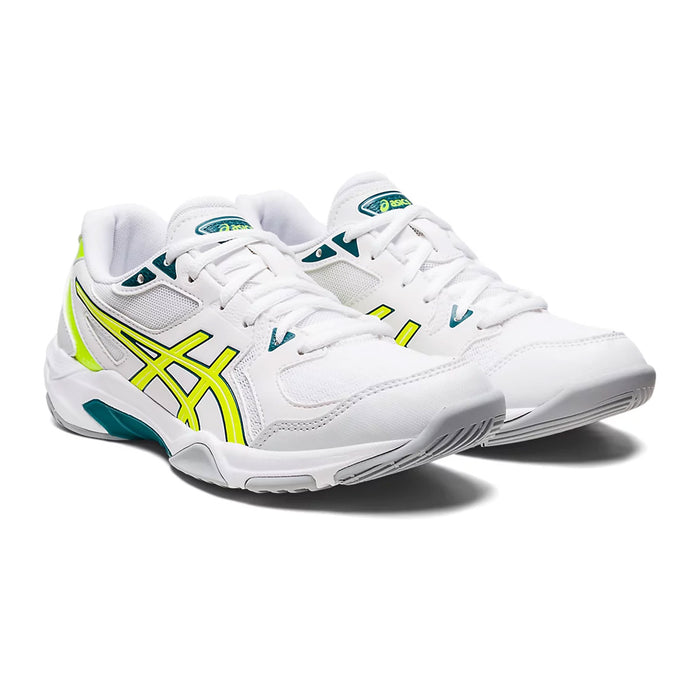 asics rocket 10 indoor court shoe for squash pickleball badminton color white and safety yellow front view