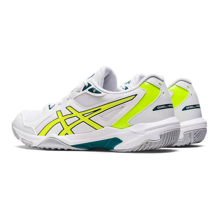 asics rocket 10 indoor court shoe for squash pickleball badminton color white and safety yellow back view