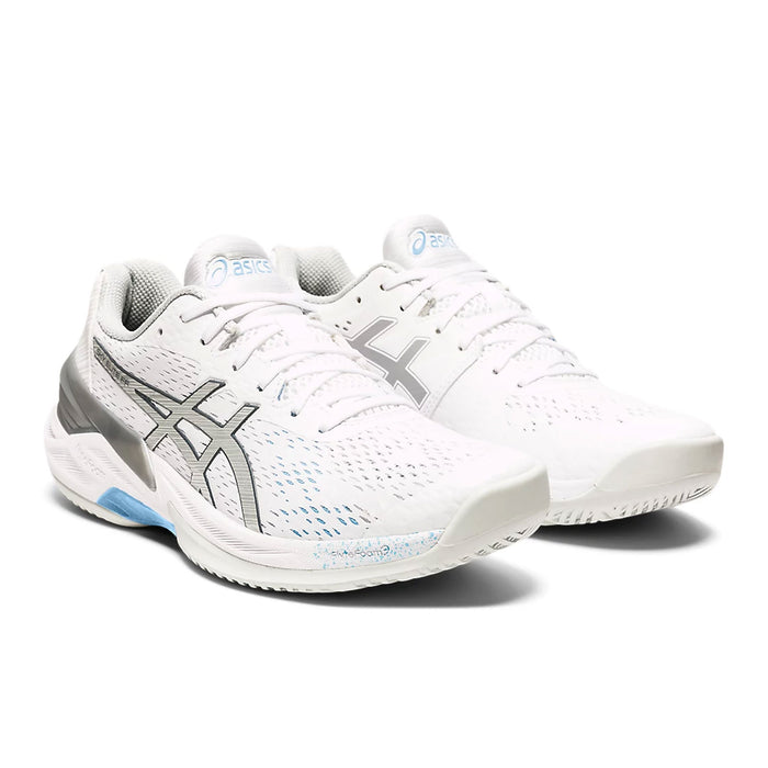 asics sky elite ff womens indoor court shoe for volleyabll squash pickleball white/sky blue color front view