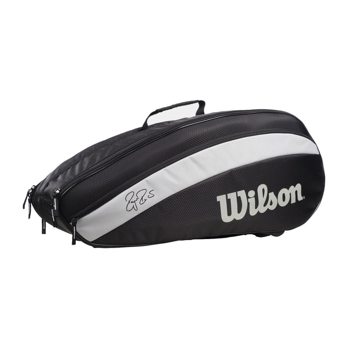 wilson rf team 6 pack 2 comprtment tennis squash badminton bag black and silver federer