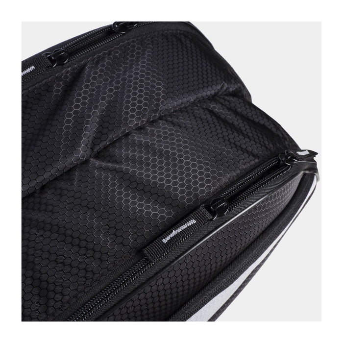 wilson rf team 6 pack 2 comprtment tennis squash badminton bag black and silver federer nice textured nylon
