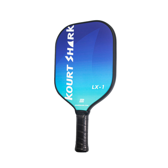 kourt sharl lx1 price point beginner intermedaite pickleball paddle Canadian company fiberglass face honeycomb core textured surface blue color side view