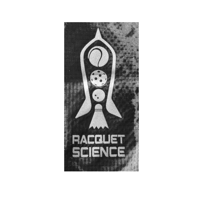 Close up of Racquet Science logo on sling bag