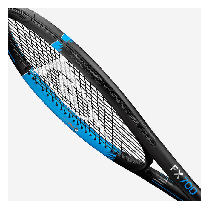 dunlop fx 700 tennis racquet blue black cosmetic 107 sq in headsize 265 grams abbolat Pure Drive 107 110 close up