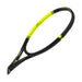 dunlop sx 300 tour tennis racquet max spin racket for advanced players. Black and yellow colorway. Side view of grommets and head.